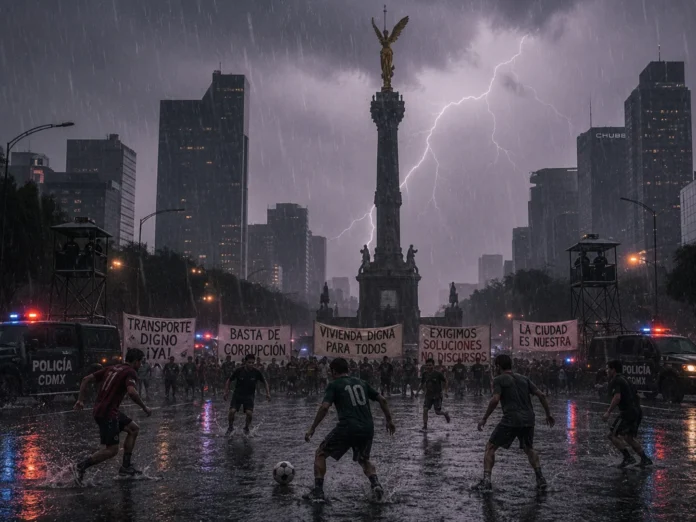 Stormy city square with protesters holding banners under a thunderstorm near a monument in Mexico City; players shield a soccer ball in rain.