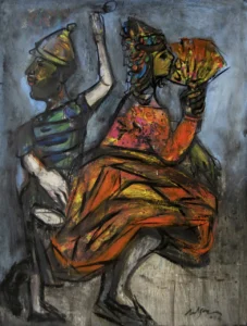 Pintura de Nelson Domínguez en tonos amarillos y marrones de la exposición Amoríos del marabú.