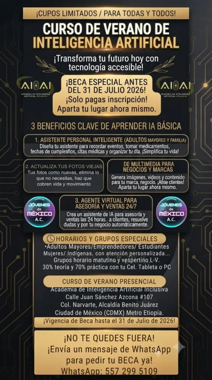 Cartel institucional del Curso de Verano de Inteligencia Artificial organizado por la Academia de Inteligencia Artificial Inclusiva y la Fundación Jóvenes de México A.C., con beca especial disponible.