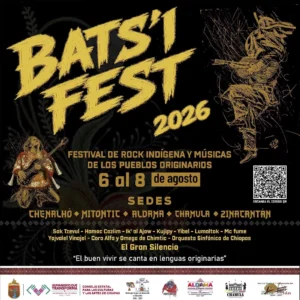 Cartel oficial de Bats'i Fest 2026, Festival de Rock Indígena y Músicas de los Pueblos Originarios, con sedes en Chenalhó, Mitontic, Aldama, Chamula y Zinacantán, Chiapas.
