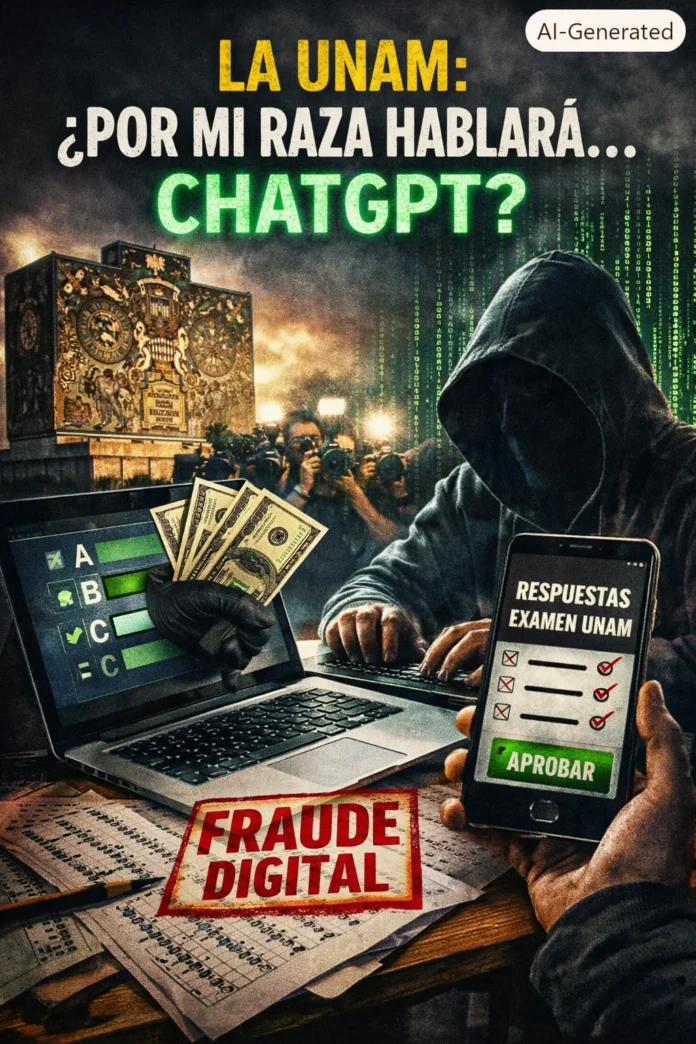 Ilustración crítica sobre fraude digital en el examen de admisión de la UNAM, con elementos tecnológicos y académicos.