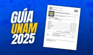 Imagen promocional de la Guía UNAM 2025 con documento oficial de la DGAE, relacionada con el examen de admisión digital y los retos de confianza académica.