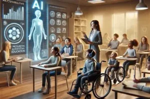 Ilustración de un aula futurista inclusiva donde estudiantes de diversas edades y capacidades aprenden con hologramas de Inteligencia Artificial, representando la filosofía educativa de la AIAI.