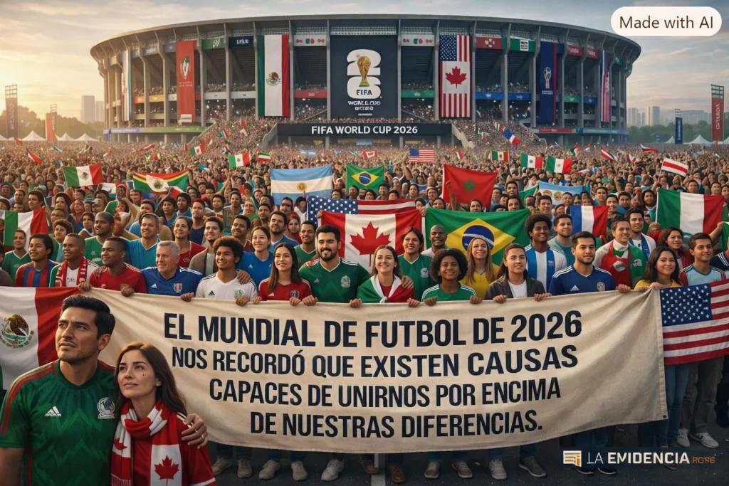 Multitud diversa frente al estadio del Mundial de Futbol 2026 sosteniendo un mensaje de unidad y tolerancia.