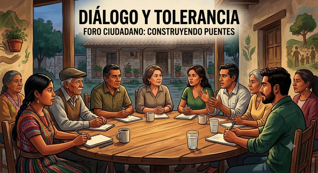 Ilustración que muestra a un grupo diverso de personas, incluyendo personas mayores, jóvenes y una mujer con vestimenta indígena, sentados alrededor de una gran mesa redonda de madera en un patio exterior de estilo colonial mexicano. Están participando activamente en un diálogo, con cuadernos, bolígrafos y tazas sobre la mesa. La pared del fondo tiene murales y el título "DIÁLOGO Y TOLERANCIA".