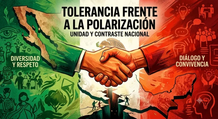 Ilustración editorial sobre fondo con la bandera de México dividida por una grieta, donde dos manos se estrechan superando la división política, con las frases 
