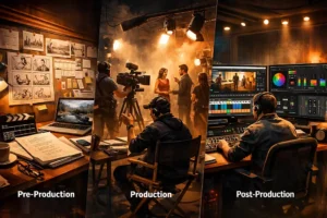 "Ilustración del proceso cinematográfico mostrando pre-producción con guiones y storyboards, producción en set con cámaras y actores, y post-producción con edición digital."