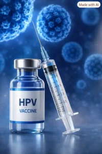 Frasco de vacuna contra el virus del papiloma humano (VPH) y jeringa sobre fondo azul con partículas virales, símbolo de salud preventiva.