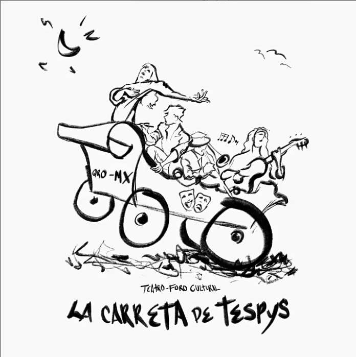 Ilustración horizontal del Teatro La Carreta de Tespys en Querétaro, con figuras teatrales y musicales sobre una carreta.