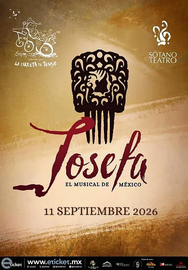 Cartel promocional de la obra musical Josefa, El Musical de México, con diseño dorado y perfil de Josefa Ortiz de Domínguez.
