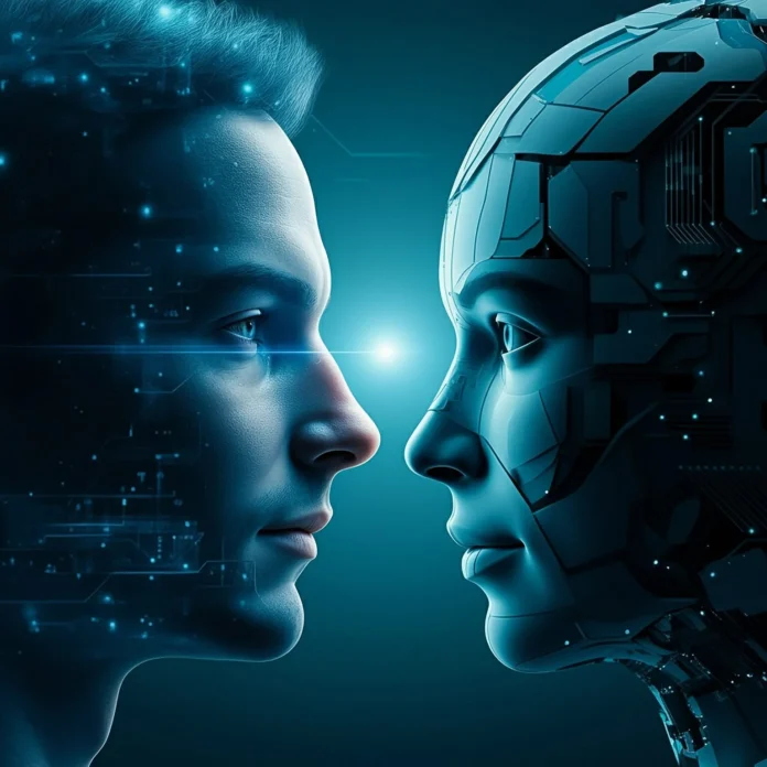 Límites de la inteligencia artificial representados por un rostro humano frente a un sistema de inteligencia artificial.
