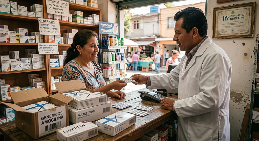 Farmacia independiente en México brindando acceso a medicamentos genéricos y atención de proximidad a la población.