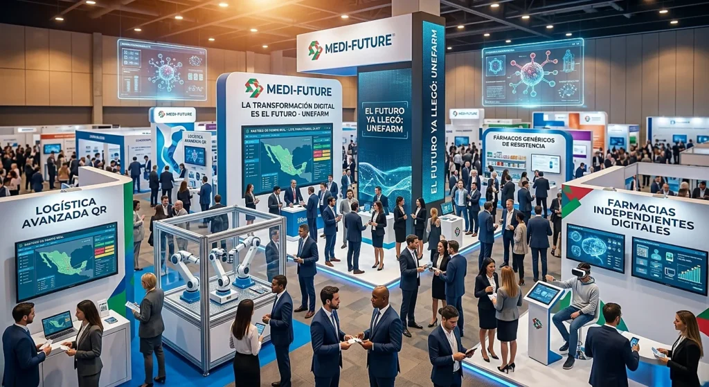 Innovaciones tecnológicas y transformación digital presentadas para el futuro de la industria farmacéutica durante un congreso especializado.