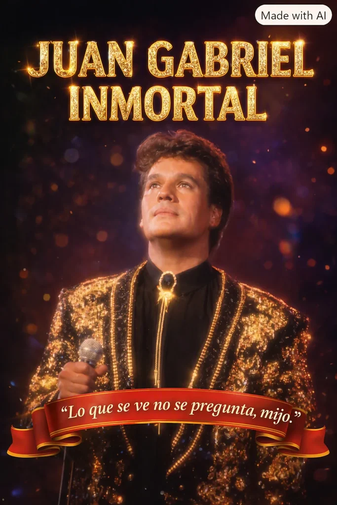 Juan Gabriel inmortal en tributo cultural, con atuendo dorado y cita emblemática que refuerza su legado musical