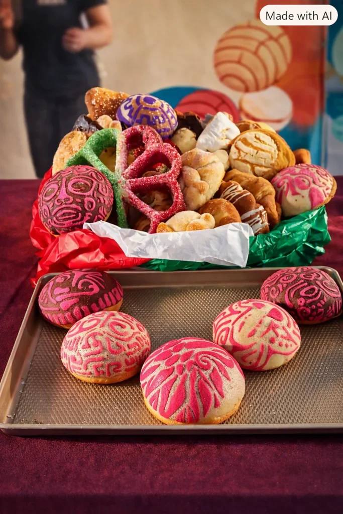 Conchas y pan dulce decorados con los colores de la bandera mexicana