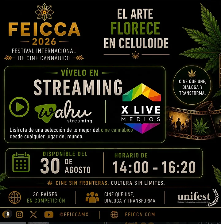 Poster oficial del Festival Internacional de Cine Cannábico FEICCA 2026 con lema Cine sin fronteras, Cultura sin límites