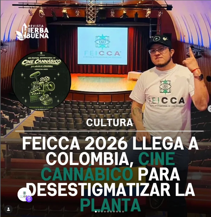 Escenario del Festival Internacional de Cine Cannábico FEICCA 2026 en Colombia, con pantalla principal y público presente