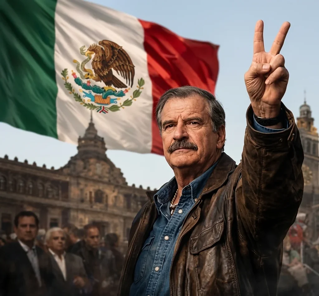 Vicente Fox frente a la bandera de México haciendo el gesto de la “V” de la victoria, símbolo de la alternancia política y el cambio democrático.