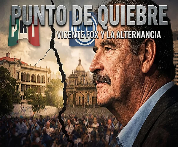 Vicente Fox y la alternancia: símbolo del cambio político en México Vicente Fox en perfil frente a símbolos del PRI y PAN, representando la alternancia democrática y el punto de quiebre político en México.