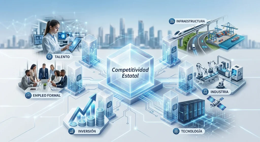 Pilares de la competitividad estatal en México: talento, infraestructura, empleo formal, inversión, industria y tecnología.