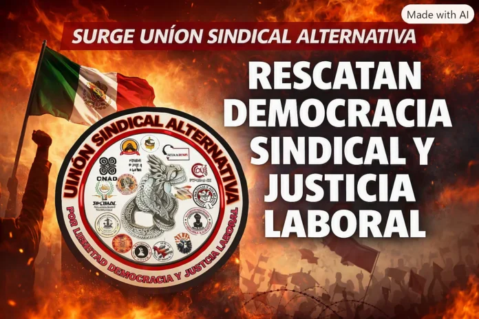 Portada institucional de la Unión Sindical Alternativa con emblema sindical, bandera mexicana y mensaje sobre democracia y justicia laboral.