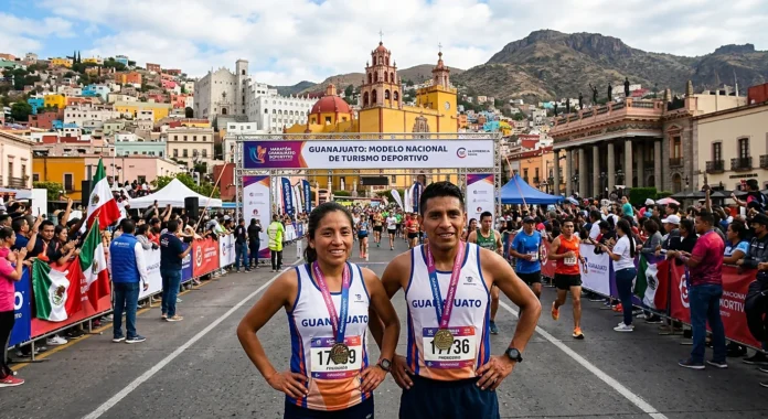 Maratón en Guanajuato con corredores y meta que destaca al estado como modelo nacional de turismo deportivo.