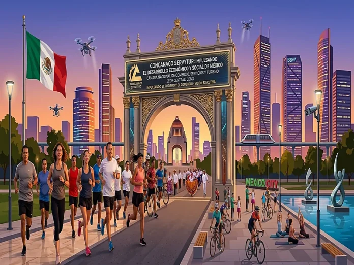 urismo deportivo Concanaco en Ciudad de México, corredores y ciclistas frente al Monumento a la Revolución impulsando desarrollo económico y social.