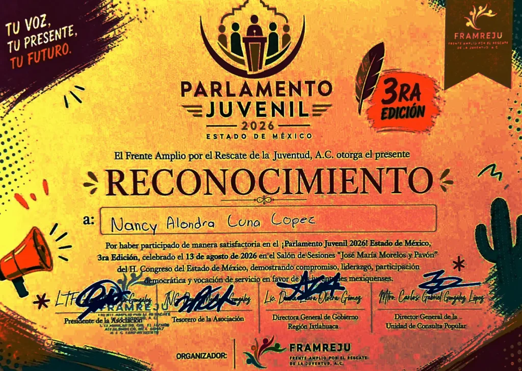 Reconocimiento otorgado a Nancy Alondra por su participación en el Parlamento Juvenil 2026 del Estado de México.