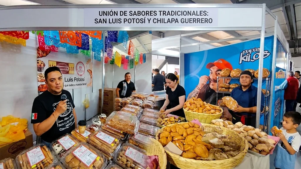 Stand de San Luis Potosí y Chilapa, Guerrero en el Festival del Pan Dulce Mexicano, mostrando panes tradicionales y artesanales.