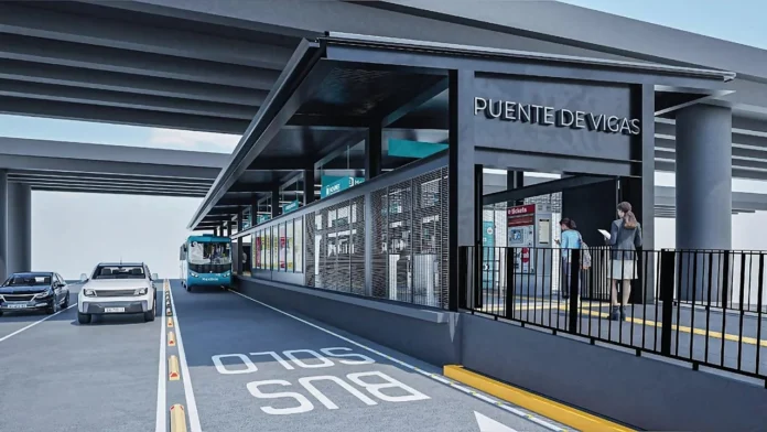 Bus articulado Mexibús Línea 5 en estación Puente de Vigas