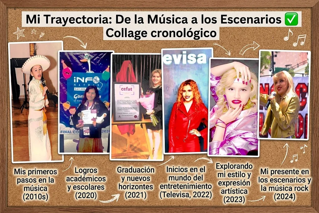 Collage cronológico que muestra la evolución artística y académica de Nancy Alondra desde sus primeras presentaciones musicales hasta su desarrollo profesional.