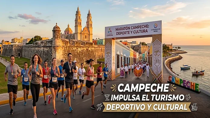 Maratón en Campeche con corredores frente a murallas históricas y catedral, promoviendo turismo deportivo y cultural.