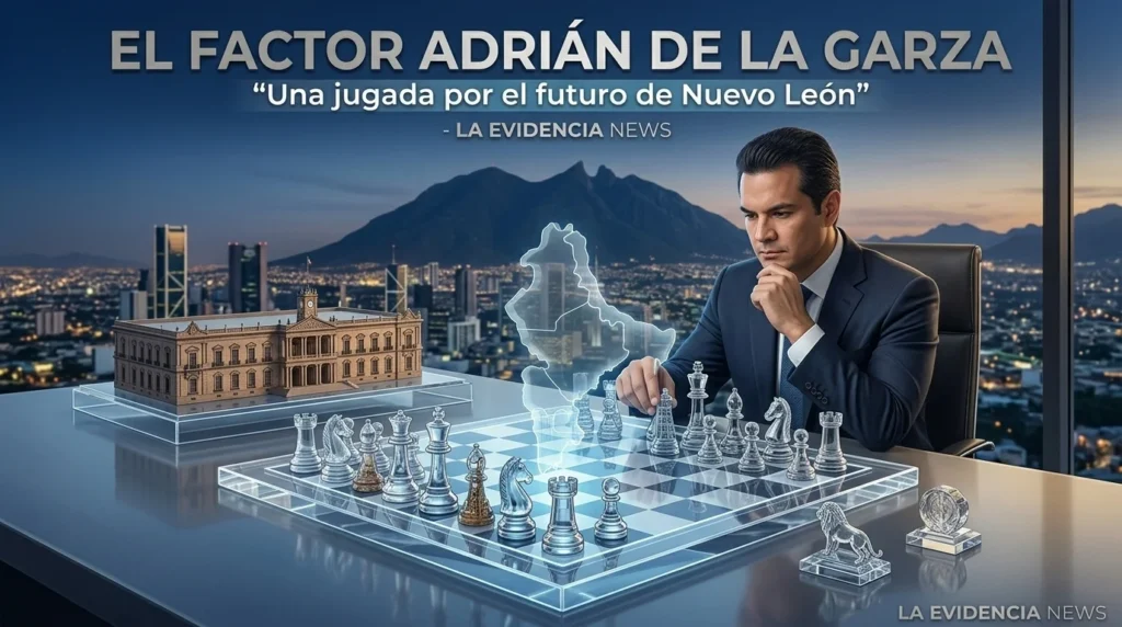 Ilustración editorial que muestra a Adrián de la Garza frente a un tablero de ajedrez estratégico con el mapa de Nuevo León, representando escenarios políticos y electorales rumbo a 2027.