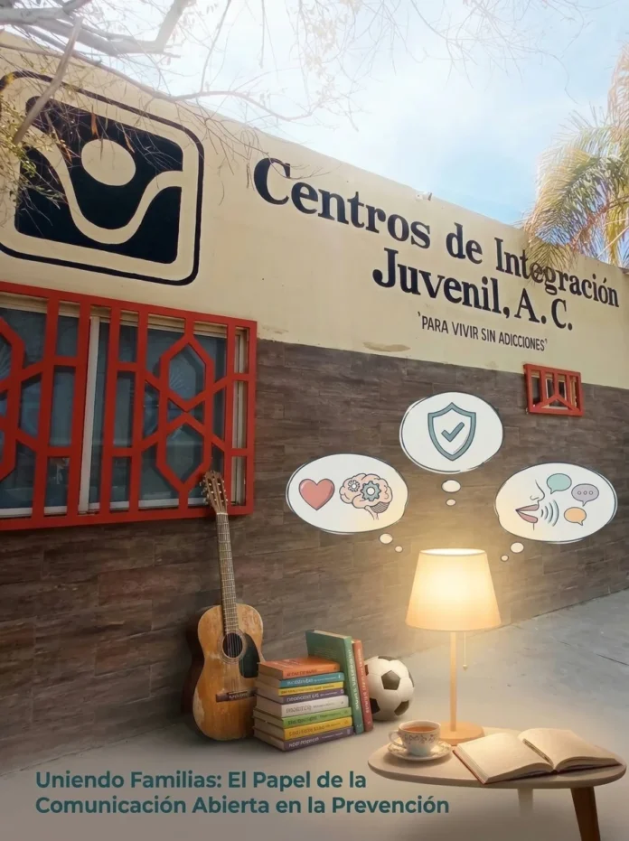 Fachada de Centros de Integración Juvenil con elementos que representan salud mental, comunicación familiar, educación y prevención de adicciones en adolescentes.