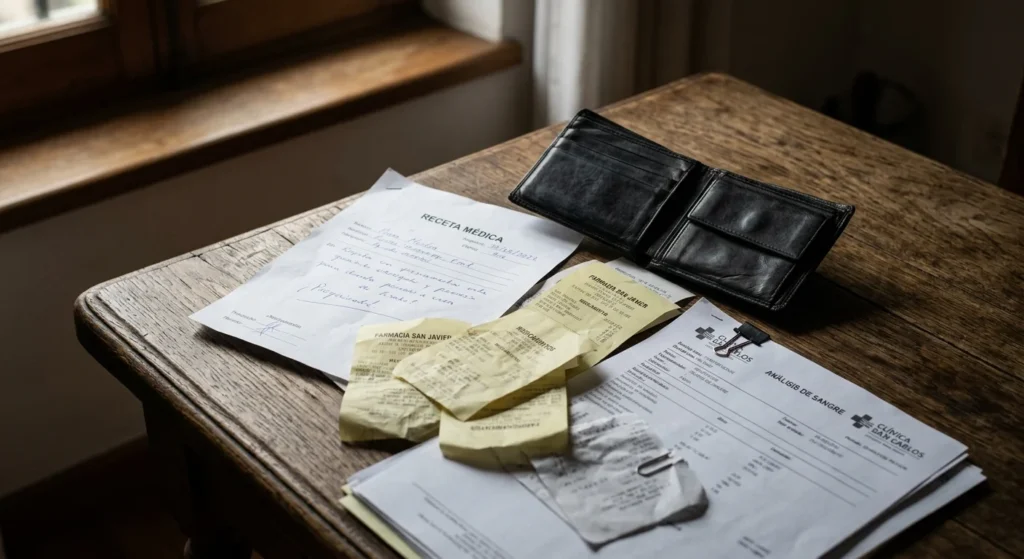 Receta médica, estudios clínicos, recibos de farmacia y cartera vacía sobre una mesa que reflejan el impacto económico de los gastos de salud.
