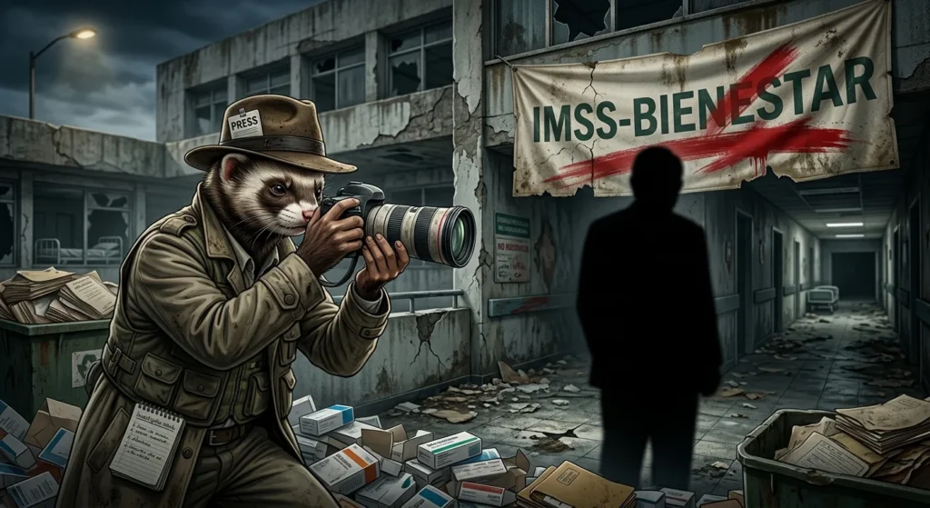 Hurón reportero documentando un hospital deteriorado entre expedientes, medicamentos y una lona desgastada de IMSS-Bienestar en una ilustración editorial sobre la crisis de la salud pública en México.