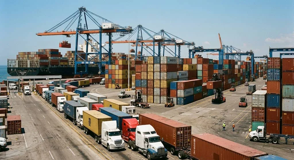 Terminal portuaria con contenedores y transporte de carga, ejemplo de la infraestructura logística que impulsa el nearshoring y la inversión extranjera en México.
