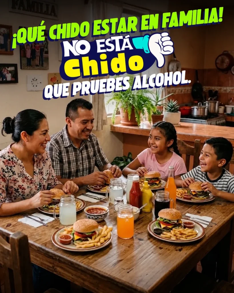 Familia reunida en casa durante una comida, imagen asociada a la campaña No Está Chido sobre prevención del consumo de alcohol y vapeadores en adolescentes.