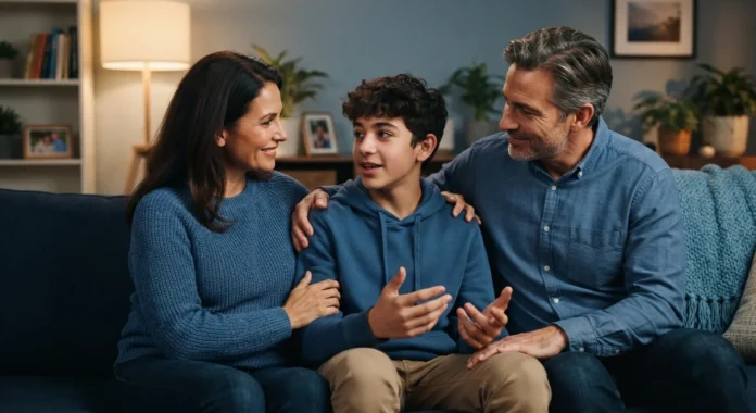 Familia conversando con un adolescente en el hogar, imagen relacionada con la prevención de vapeadores en adolescentes y la comunicación familiar.