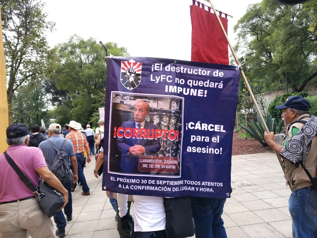 Pancarta exhibida durante la movilización de extrabajadores de Luz y Fuerza con mensajes dirigidos a Felipe Calderón.