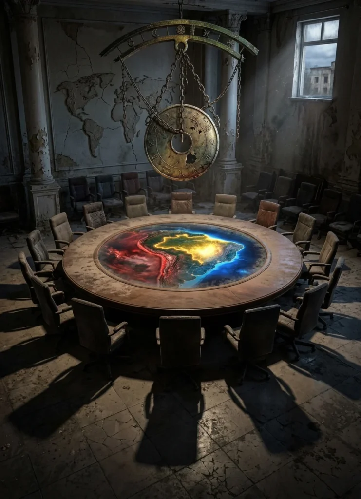 Salón político vacío que simboliza la pérdida de influencia del Foro de São Paulo y el debate sobre el futuro de la izquierda latinoamericana.