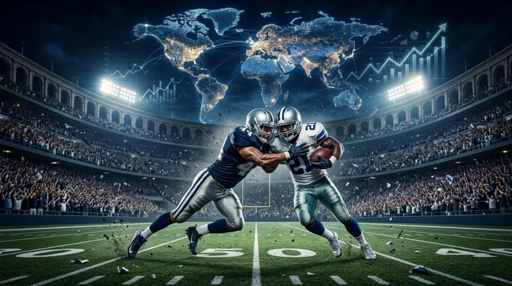 Jugadores de futbol americano chocan durante un partido mientras un mapa mundial iluminado y gráficas de crecimiento simbolizan la expansión internacional de la NFL.