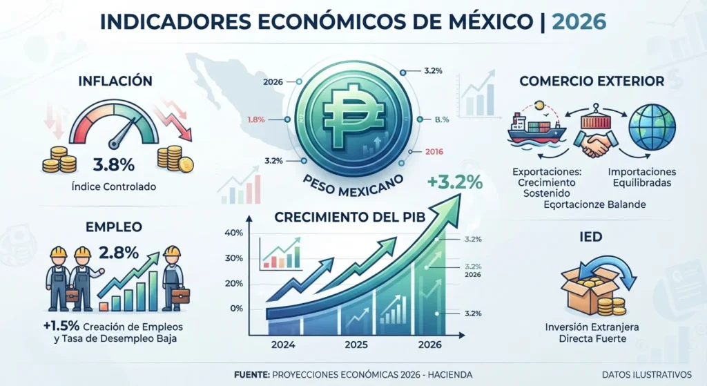 Infografía de indicadores económicos de México en 2026 que muestra inflación, empleo, comercio exterior, crecimiento del PIB e inversión extranjera directa.