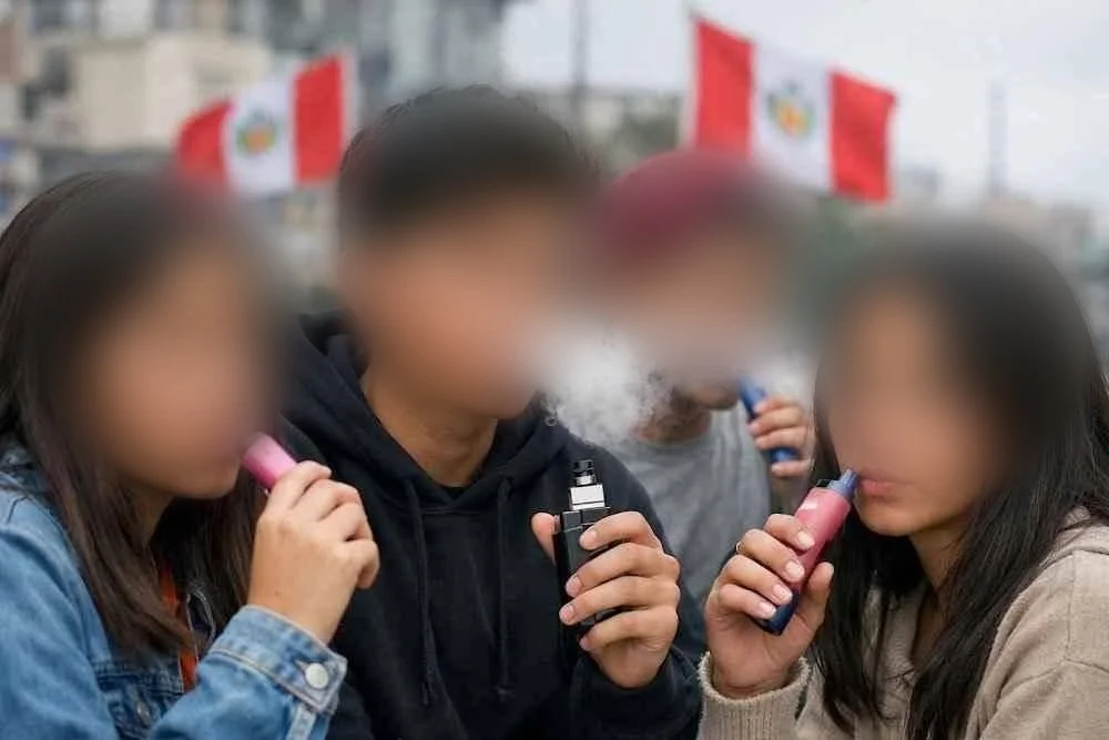 Adolescentes utilizando vapeadores en un espacio público, imagen relacionada con la prevención del vapeo y los riesgos para menores de edad en México.
