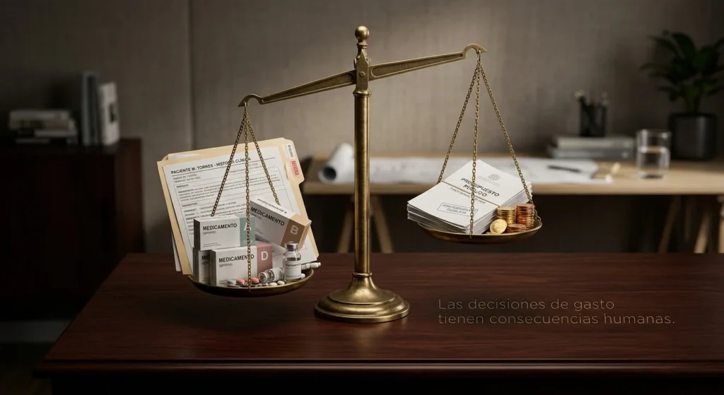 Balanza que compara medicamentos y expedientes clínicos frente a documentos de presupuesto público, simbolizando las prioridades del gasto gubernamental.