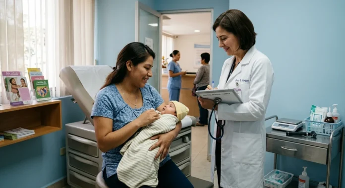 Madre con su bebé durante una consulta médica relacionada con la salud mental perinatal y la atención integral posparto