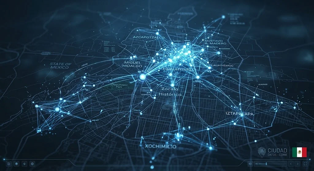 Mapa digital de México conectado mediante nodos de datos que representan infraestructura tecnológica, inteligencia artificial y transformación digital gubernamental.