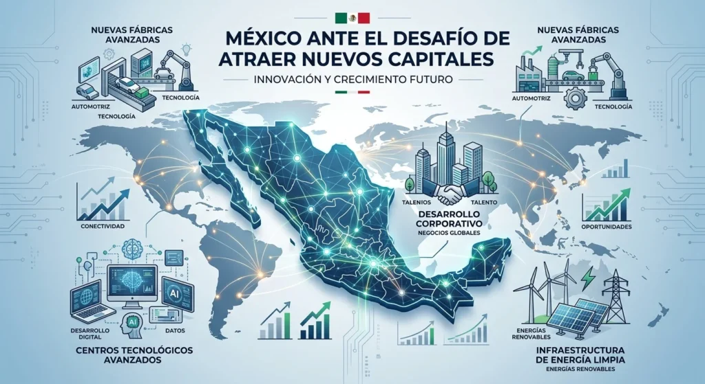 Infografía sobre México y el desafío de atraer nuevos capitales mediante innovación, tecnología, industria avanzada, energía limpia y desarrollo económico.