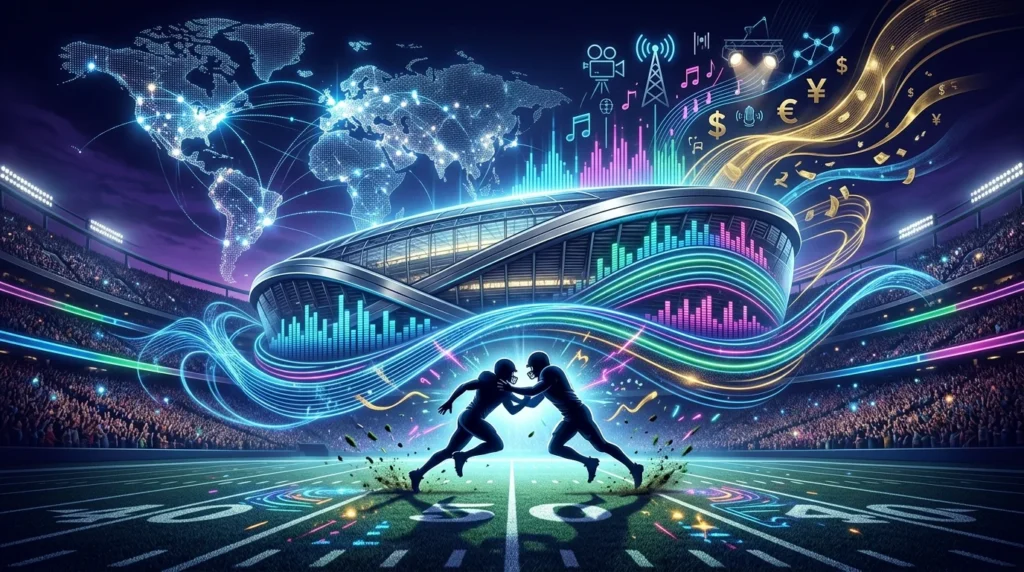 Estadio de futbol americano iluminado con un mapa mundial digital, gráficos de crecimiento, símbolos financieros y elementos multimedia que representan la expansión global de la NFL.