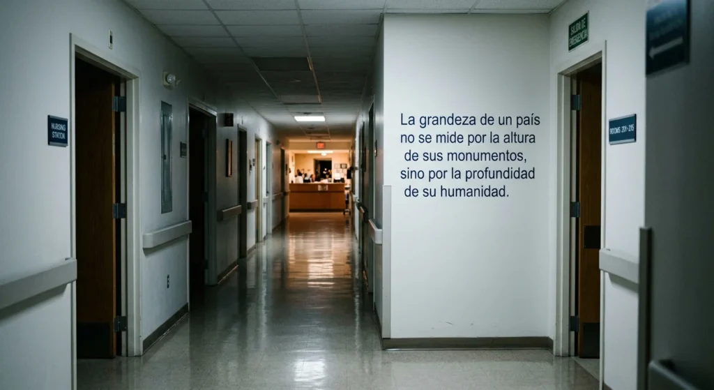 Pasillo de hospital público con una frase sobre humanidad y dignidad, en una escena que simboliza la reflexión sobre el papel de la salud pública.